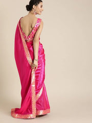 Pink & Gold-Toned Woven Design Border Saree - Inddus.com
