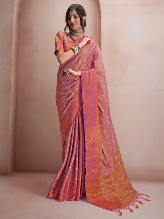 Pink & Gold-Toned Woven Design Zari Silk Blend Saree - Inddus.com
