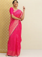 Pink & Golden Checked Embroidered Silk Blend Jashn Banarasi Saree - Inddus.com