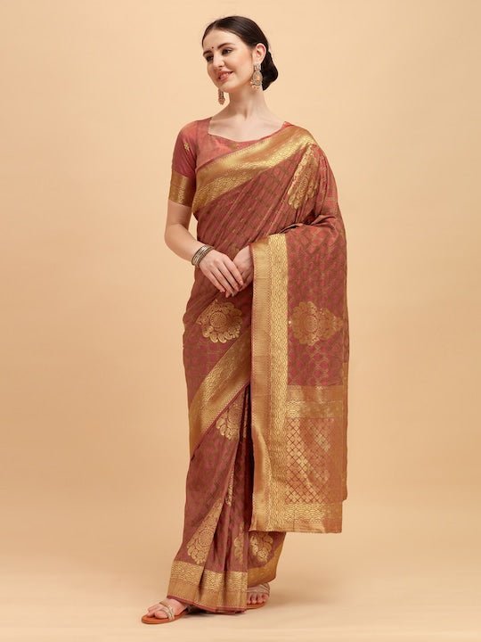 Pink & Golden Ethnic Motifs Zari Silk Blend Saree - Inddus.com