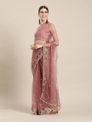 Pink & Golden Net Embellished Saree - inddus-us