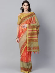 Pink & Green Dual-Toned Art Silk Printed Saree - inddus-us