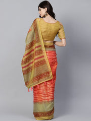 Pink & Green Dual-Toned Art Silk Printed Saree - inddus-us