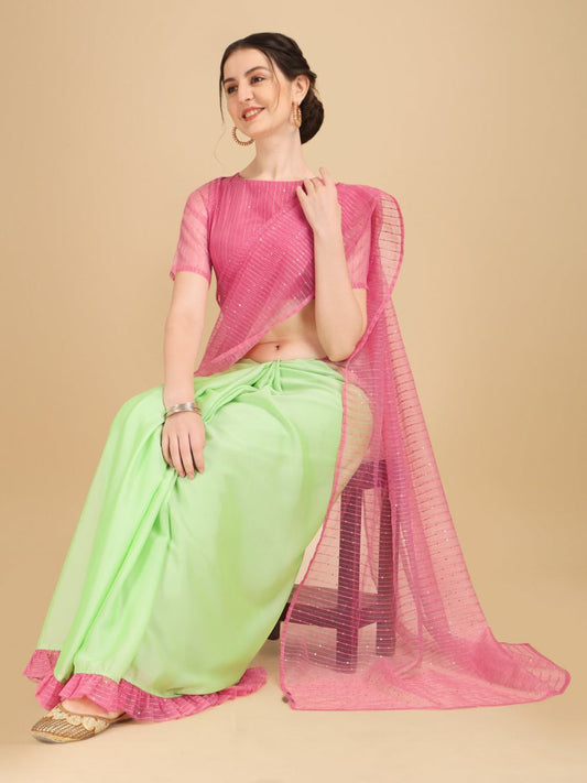 Pink & Green Embellished Sequinned Organza Half and Half Saree - Inddus.com
