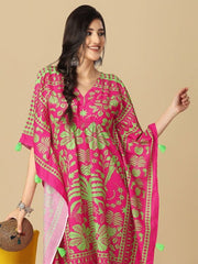 Pink & Green Tropical Printed Kaftan Kurta - Inddus.com
