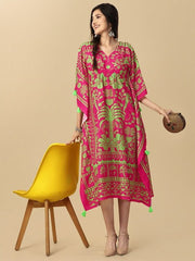 Pink & Green Tropical Printed Kaftan Kurta - Inddus.com