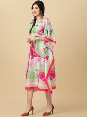 Pink & Green Tropical Printed Kaftan Kurta With Tassel Details - Inddus.com