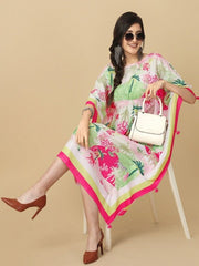 Pink & Green Tropical Printed Kaftan Kurta With Tassel Details - Inddus.com