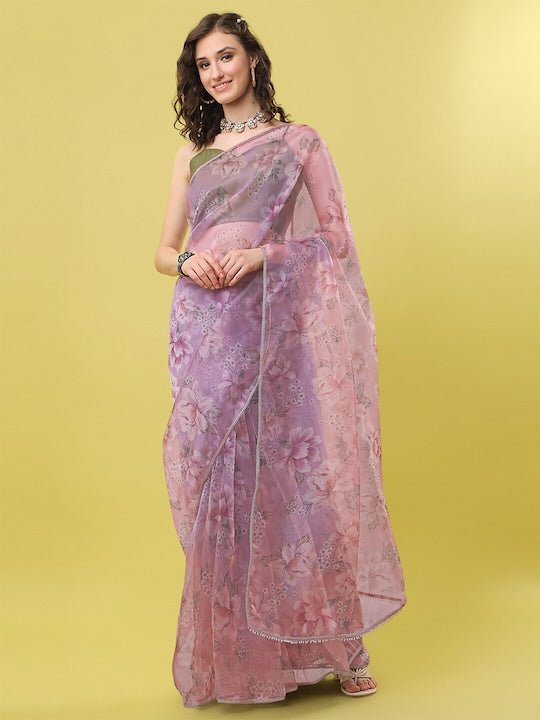 Pink & Grey Floral Digital Print Organza Saree - Inddus.com