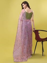 Pink & Grey Floral Digital Print Organza Saree - Inddus.com