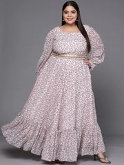 Pink & Grey Floral Print Georgette Ethnic Maxi Dress - Inddus.com