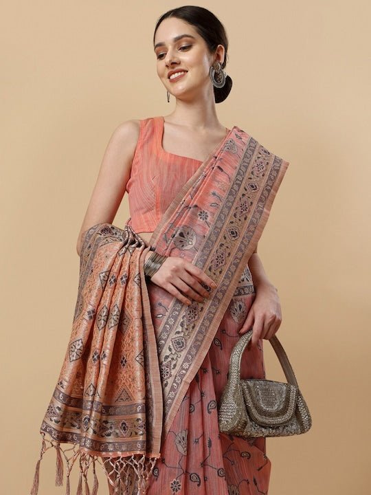 Pink & Grey Woven Design Zari Saree - Inddus.com