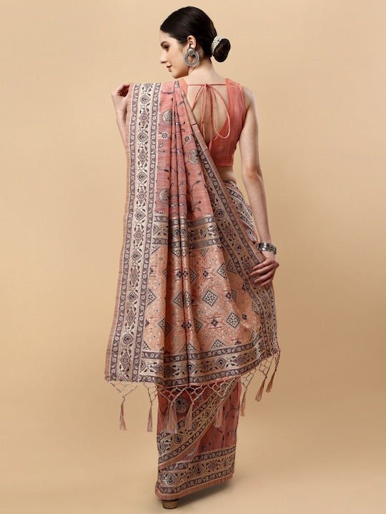 Pink & Grey Woven Design Zari Saree - Inddus.com