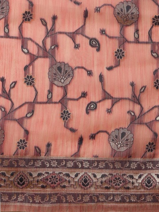 Pink & Grey Woven Design Zari Saree - Inddus.com
