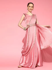 Pink Laced Stitched Pleated Lehenga Saree with Blouse Piece and Laced Belt - inddus-us