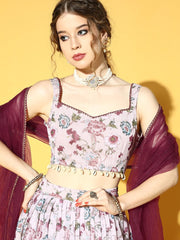 Pink & Maroon Floral Printed Semi-Stitched Lehenga & Unstitched Choli With Dupatta - Inddus.com
