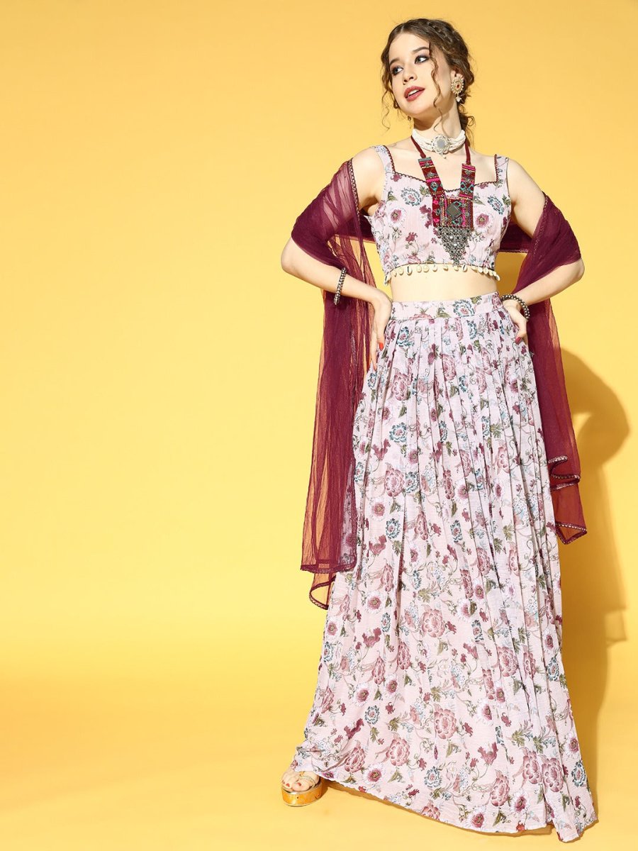 Pink & Maroon Floral Printed Semi-Stitched Lehenga & Unstitched Choli With Dupatta - Inddus.com