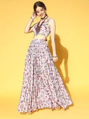 Pink & Maroon Floral Printed Semi-Stitched Lehenga & Unstitched Choli With Dupatta - Inddus.com