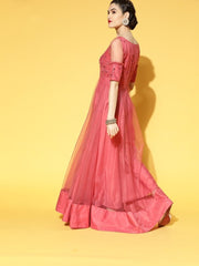 Pink Net Embellished Sequinned Embroidered Gown - Inddus.com