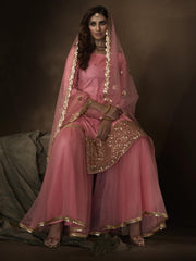 Pink Net Embroidered Partywear Sharara Suit - inddus-us