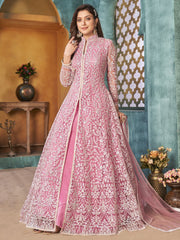 Pink Net Partywear Anarkali Suit - Inddus.com