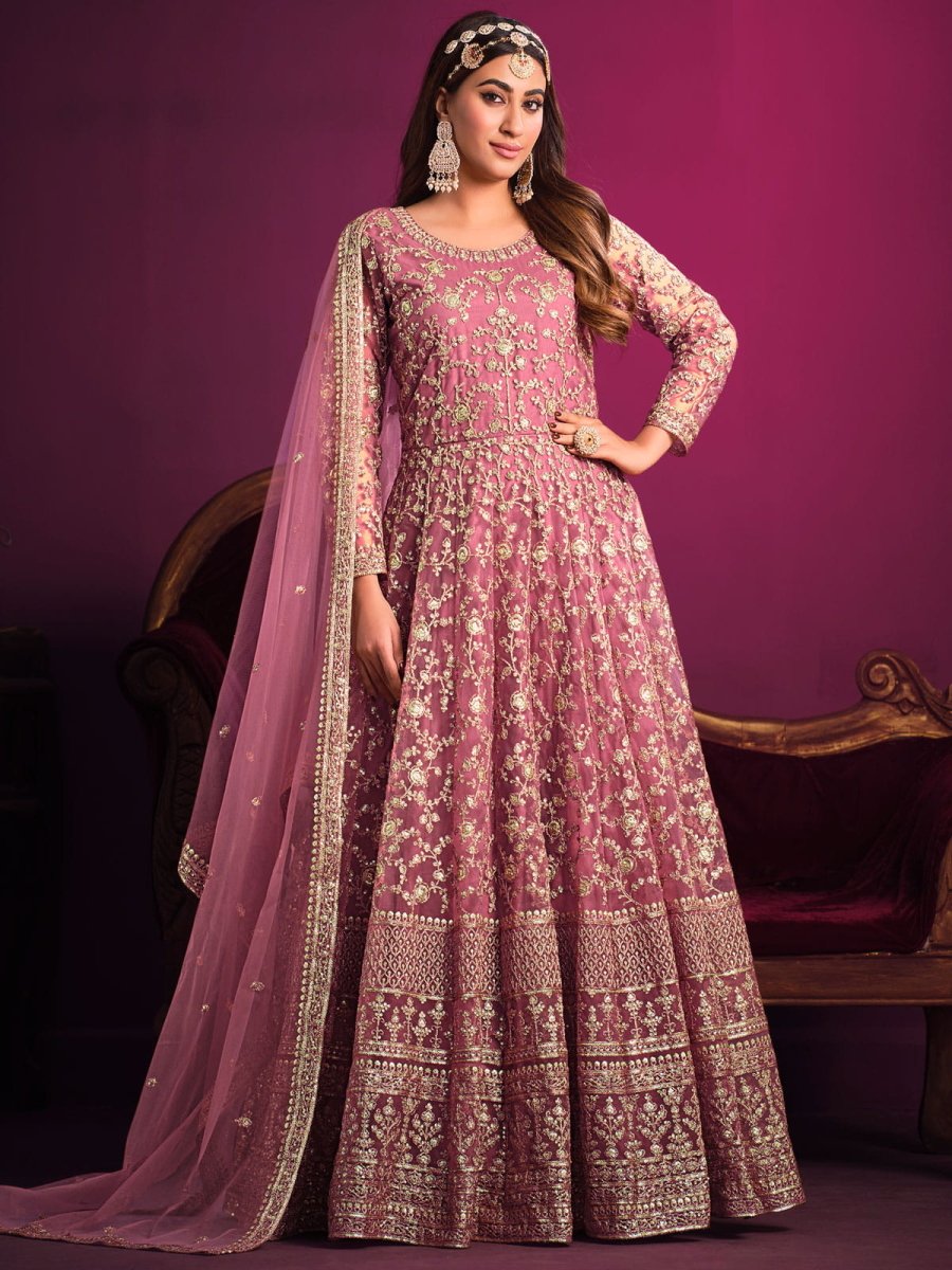 Pink Net Partywear Anarkali-Suit - Inddus.com