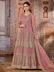 Pink Net Partywear Anarkali Suit - Inddus.com