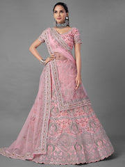 Pink Net Partywear Lehenga Choli - inddus-us