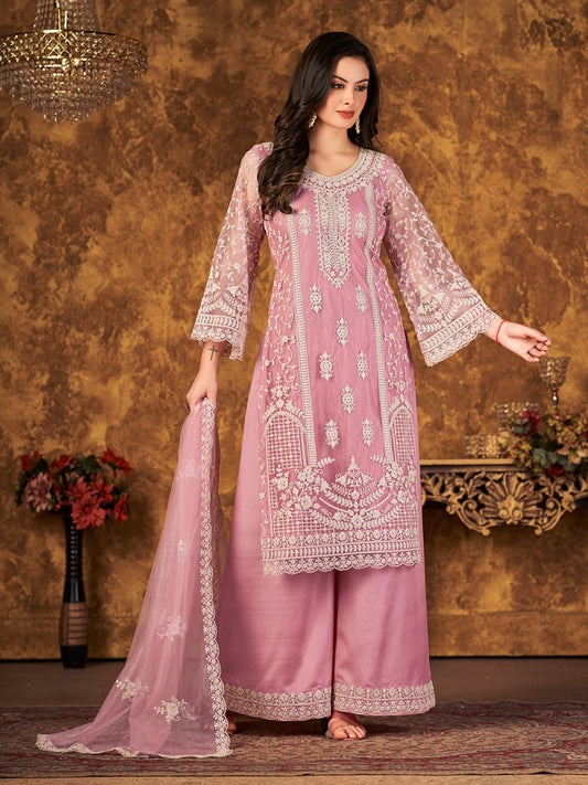 Pink Net Partywear Palazzo Suit - Inddus.com