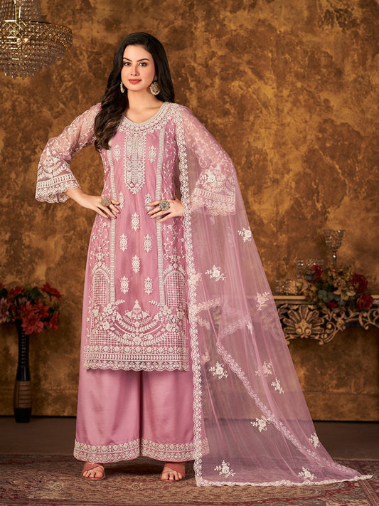 Pink Net Partywear Palazzo Suit - Inddus.com
