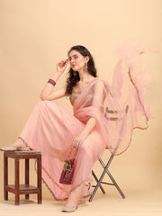 Pink Net Ruffled Saree with Border - inddus-us