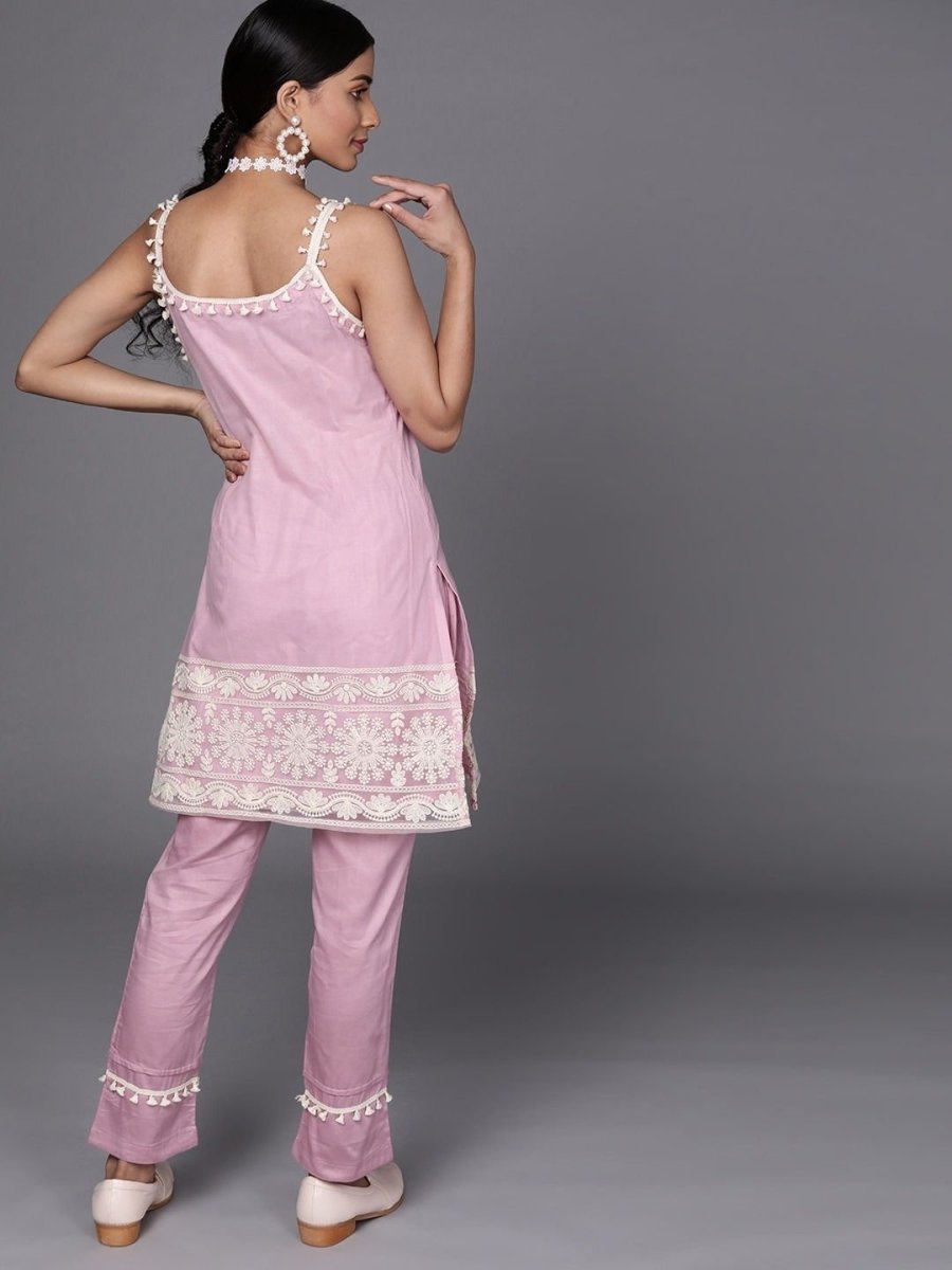 Pink Net Thread Work Straight Cut Suit - Inddus.com