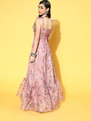 Pink Nylon Partywear Floral Dresses - Inddus.com