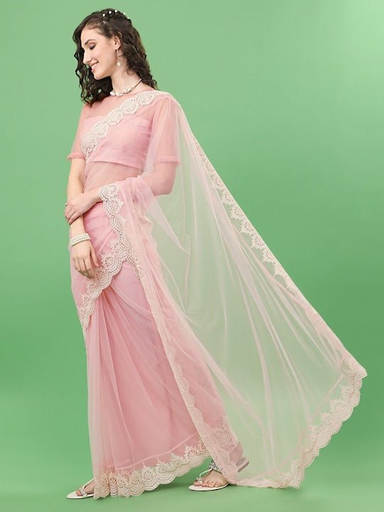 Pink & Off-White Embroidered Net Saree - Inddus.com