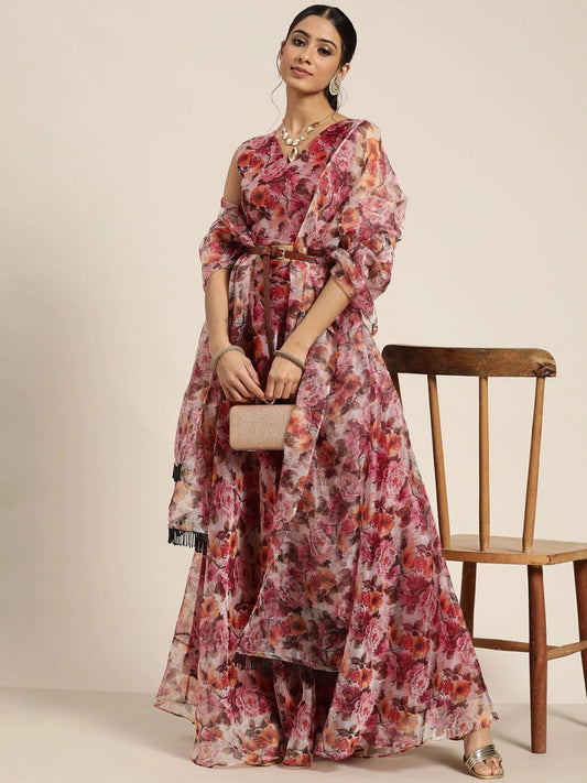 Pink & Orange Digital Printed Semi-Stitched Lehenga & Unstitched Blouse Dupatta - Inddus.com