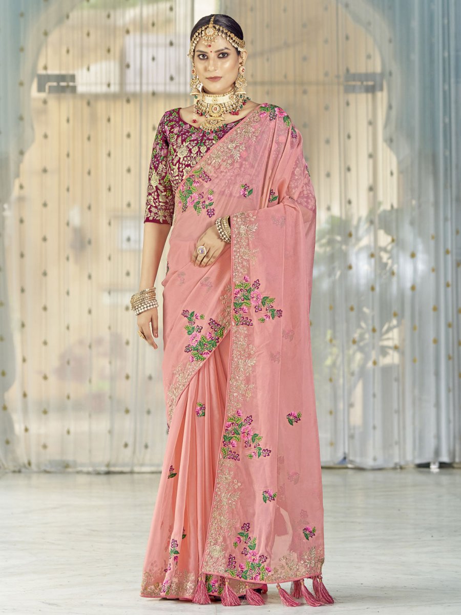 Pink Organza Thread Embroiderd Saree - Inddus.com