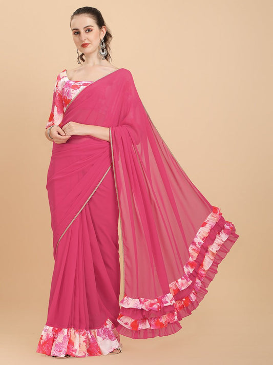 Pink Printed Georgette Ruffle Saree - Inddus.com