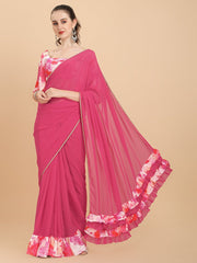 Pink Printed Georgette Ruffle Saree - Inddus.com