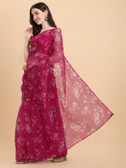 Pink Printed Organza Saree - Inddus.com