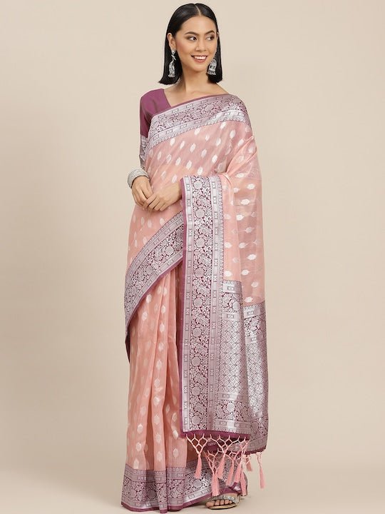 Pink & Purple Woven Design Zari Silk Blend Banarasi Saree - Inddus.com