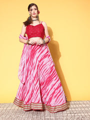 Pink & Red Embroidered Sequinned Semi-Stitched Lehenga & Unstitched Blouse With Dupatta - Inddus.com
