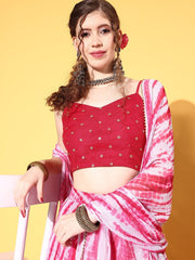 Pink & Red Embroidered Sequinned Semi-Stitched Lehenga & Unstitched Blouse With Dupatta - Inddus.com