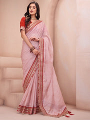 Pink & Red Floral Sequinned Organza Saree - Inddus.com