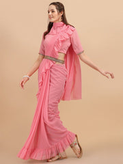 Pink Ruffled Belted Saree - Inddus.com