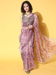Pink Saree with Embroidered border - Inddus.com