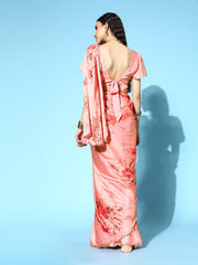 Pink Satin Floral Printed Saree with Blouse Piece - Inddus.com