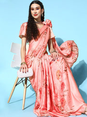 Pink Satin Floral Printed Saree with Blouse Piece - Inddus.com