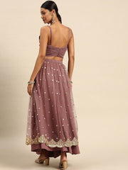 Pink Sequinned Semi-Stitched Lehenga & Ready to Wear Ruched Blouse - Inddus.com