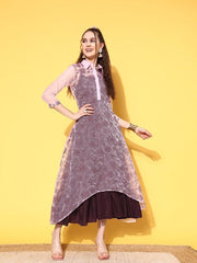 Pink Sheer Floral Embroidered Midi Ethnic Dress With Inner - Inddus.com