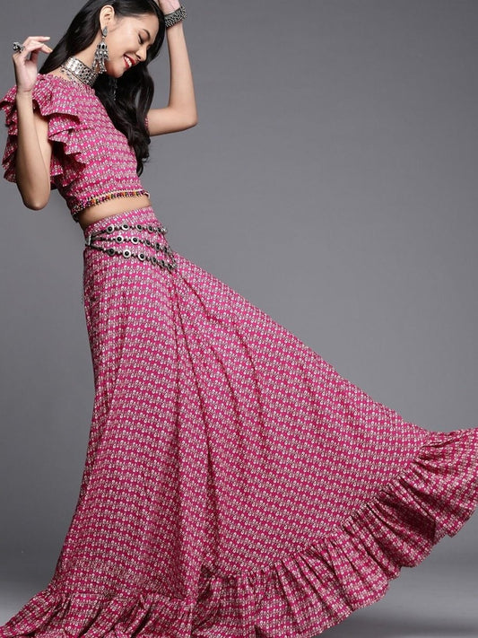 Pink Silk Blend Printed Lehenga Choli - inddus-us